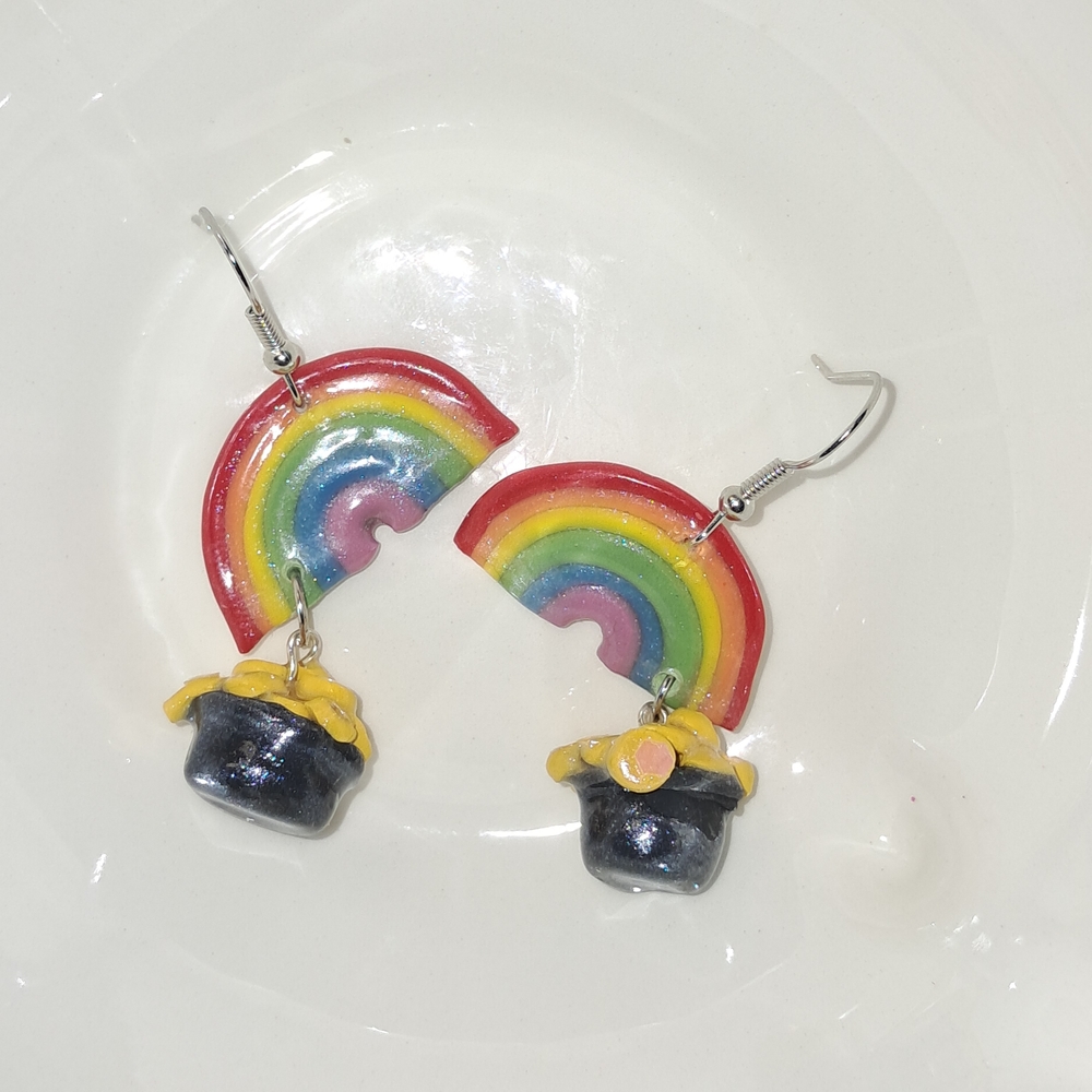 Kids Rainbow Pot of Gold Dangle Earrings - Yellow, Red, Green, Blue